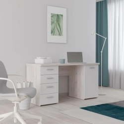 Biurko 145x60 cm z 4 szufladami i szafką Biały/Dąb Piaskowy